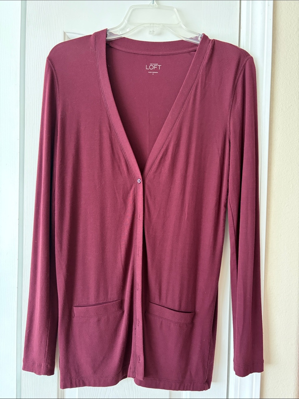LOFT Deep Plum Lightweight Button-Front Cardigan